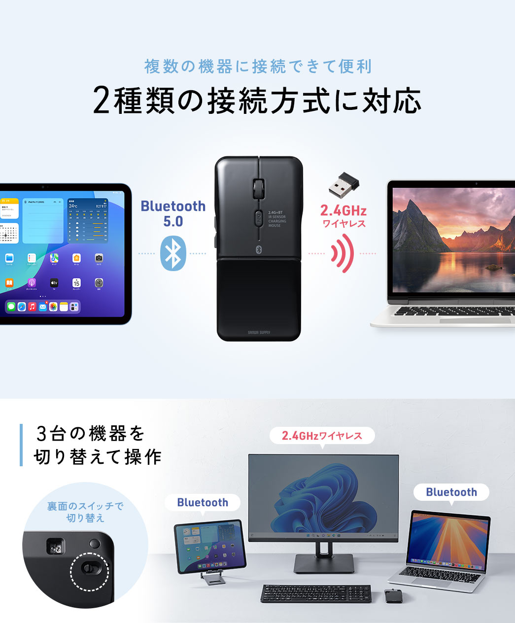 Bluetooth5.0A2.4GHzCX2ނ̐ڑɑΉĂ̂ŕ̋@ɐڑłĕ֗B 3̋@𗠖ʂ̃XCb`Ő؂ւđł܂B
